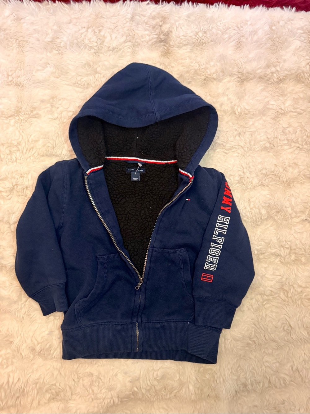 Tommy Hilfiger Navy Hooded Zip-Up with Black Sherpa Lining and Red Logo